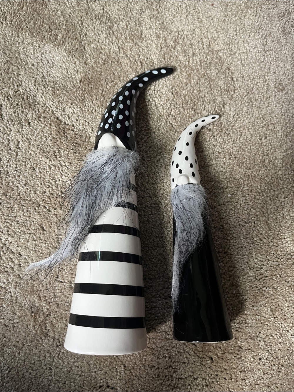 Black & White Striped and Polka Dot Gnome Figurine Duo - Imperfection/crack